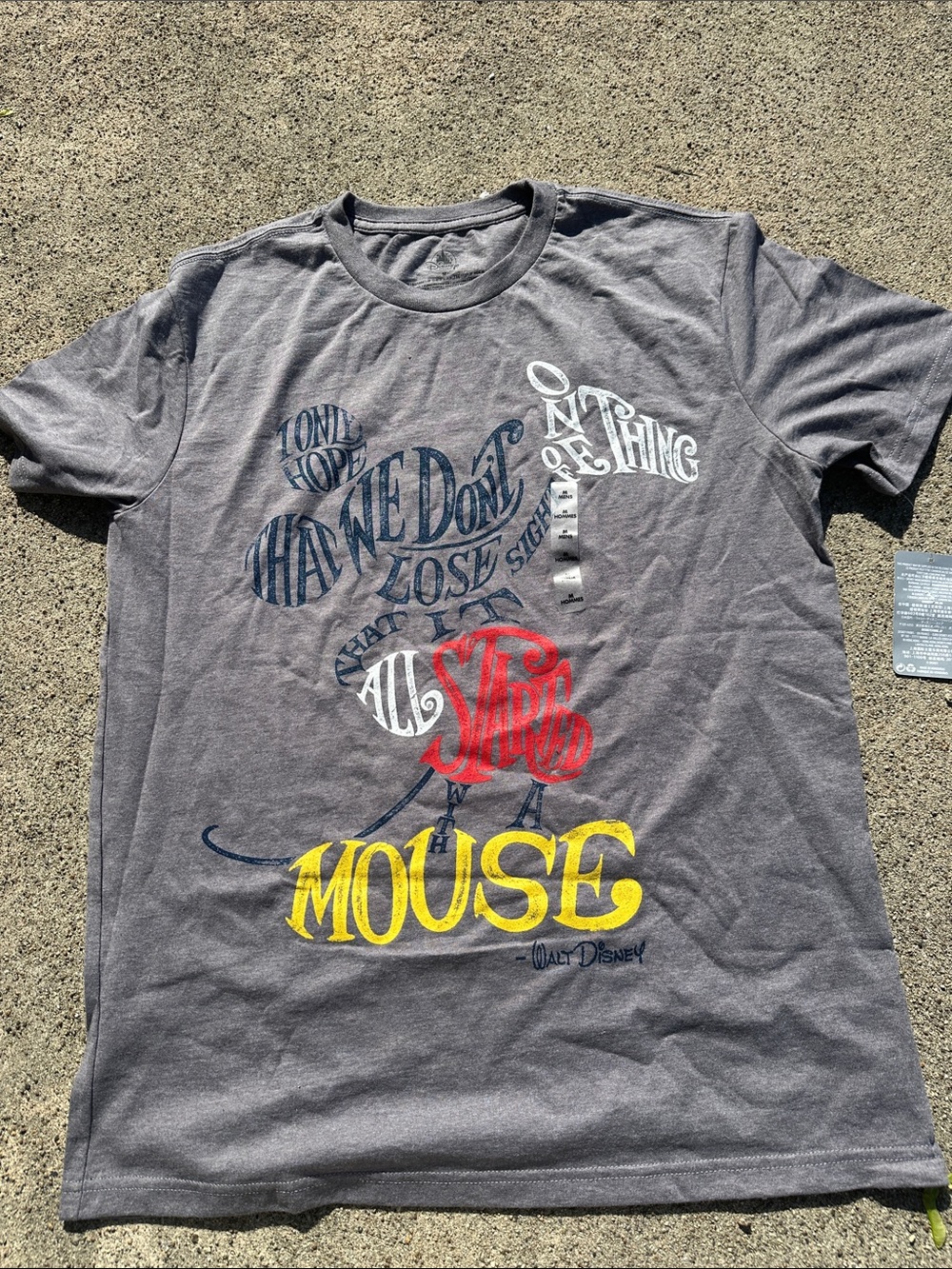 Disney Grey Graphic T-Shirt with Yellow, Red, Navy & White Typography MED new